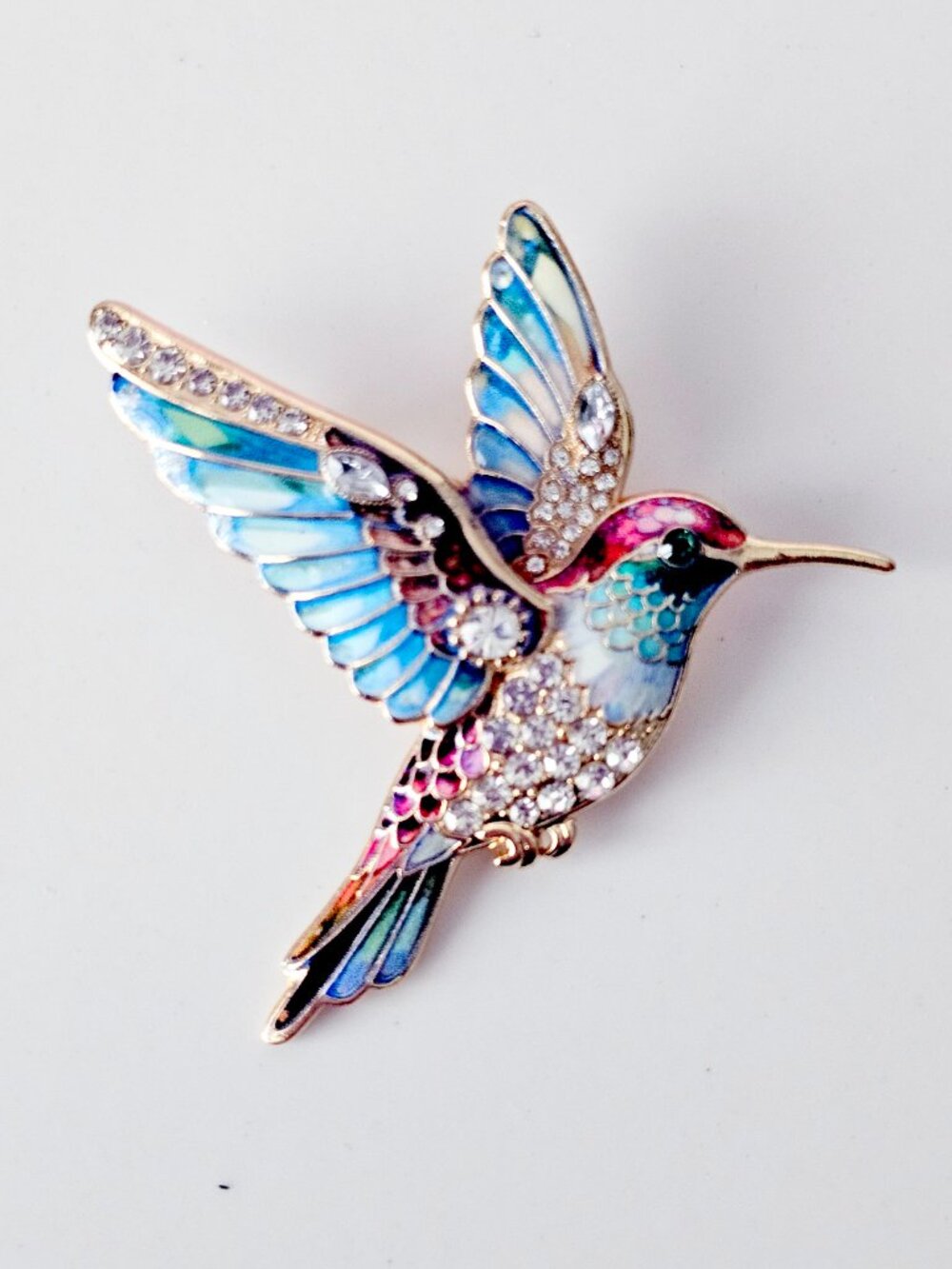 Blue Enamel & Rhinestone Hummingbird Brooch - Picture 3 of 8